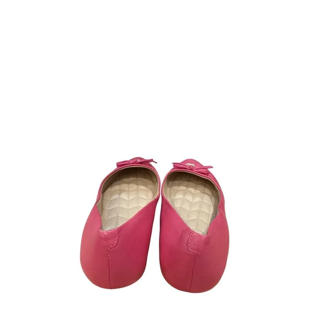 Coach Womens Pink Leather Ballet Flats Sz 5.5 Pointed Toe Bow Gold Hardware EUC